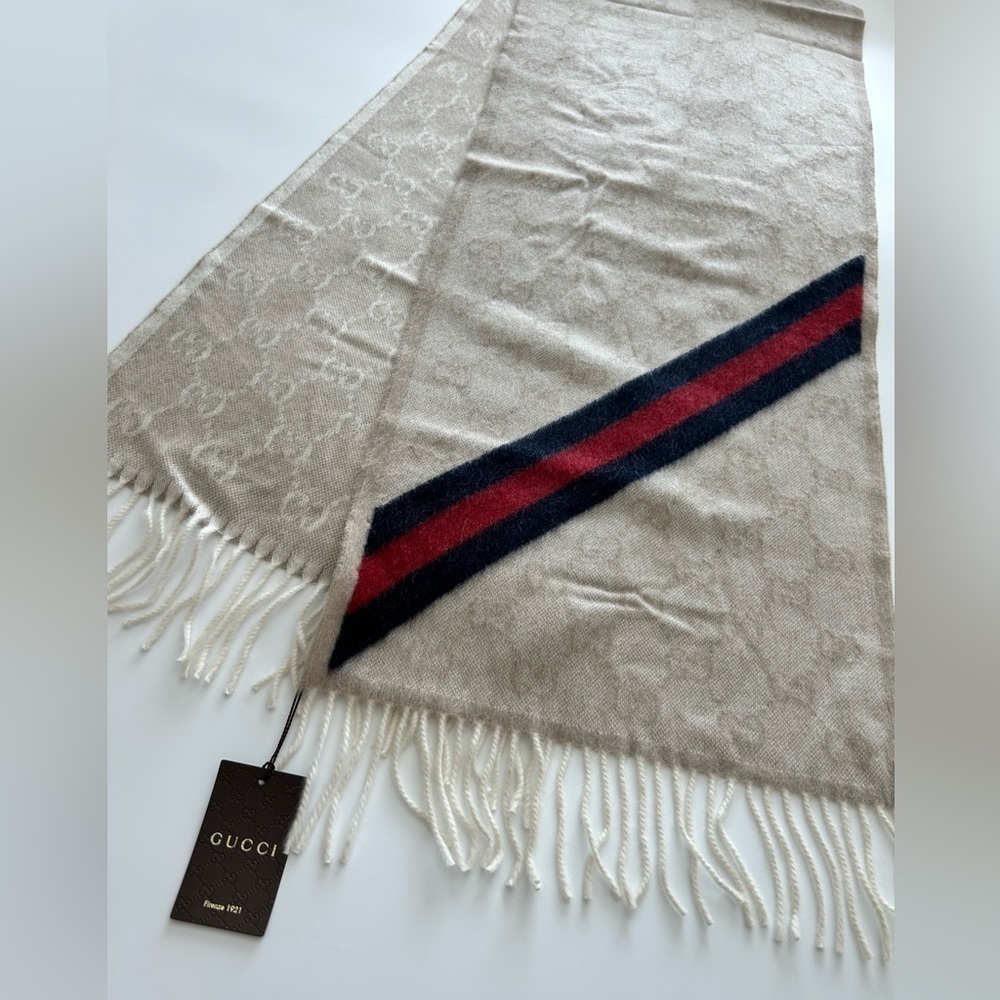 New With Tags Gucci Nikky Wool Alpaca Monogram Web Beige Scarf Shawl Fringe - Picture 2 of 16